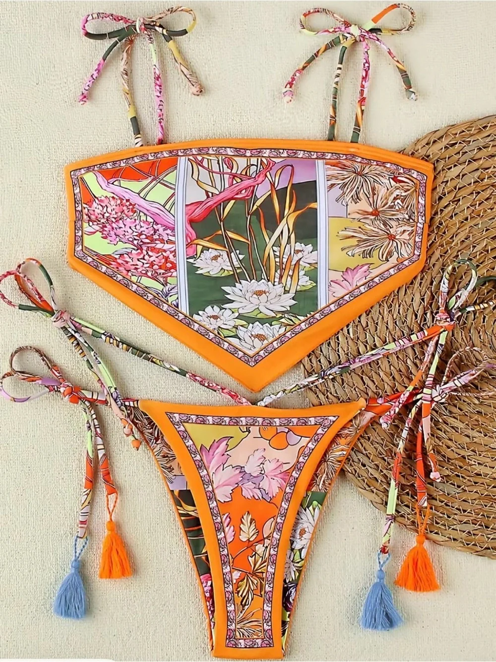 🌺 Orange Floral Scarf Print Tassel Bikini